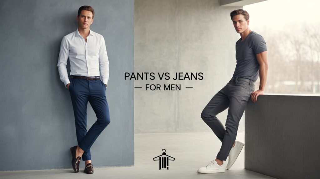 Fashion comparison of pants vs. jeans for men showing full-body outfits, with one man in formal dress pants and another in casual jeans.