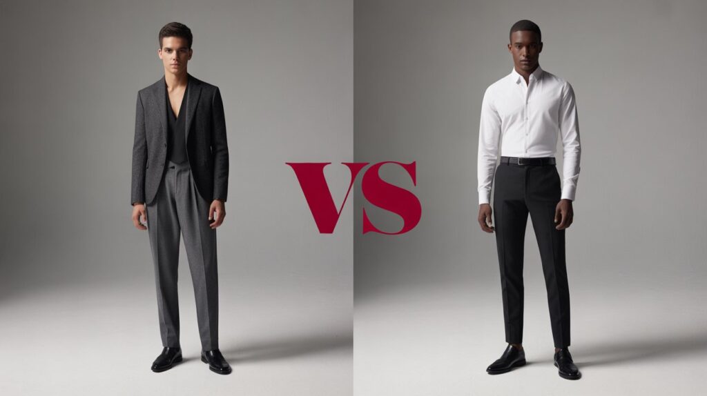 Pleated pants vs flat-front pants men’s formal style comparison showing fit, comfort, and modern outfit choices.