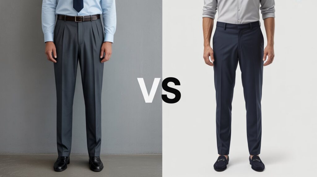 Side-by-side photo of pleated vs non pleated pants showing the difference between traditional pleated trousers and modern flat-front dress pants.