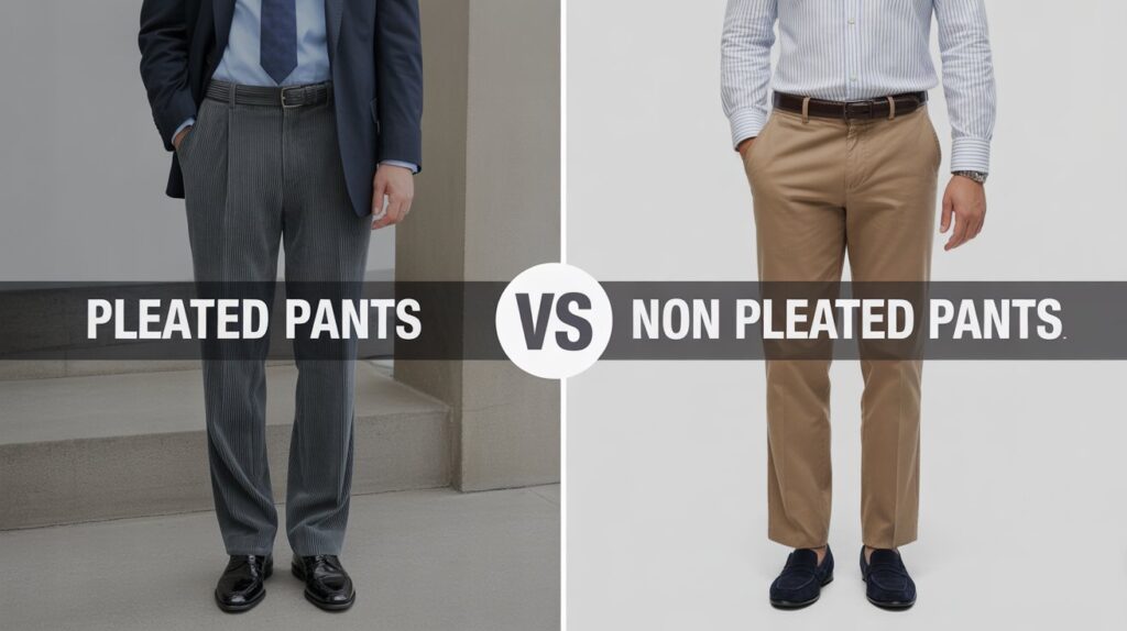 Side-by-side comparison image of pleated vs non pleated pants, showing differences in fit and style.