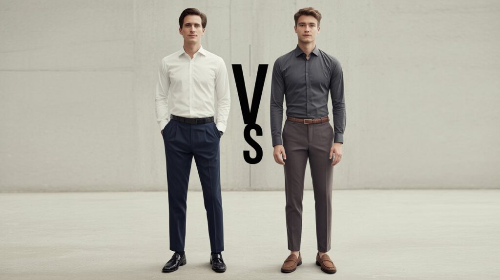Side-by-side comparison of pleated vs non pleated pants, showing differences in fit, design, and modern US fashion style.