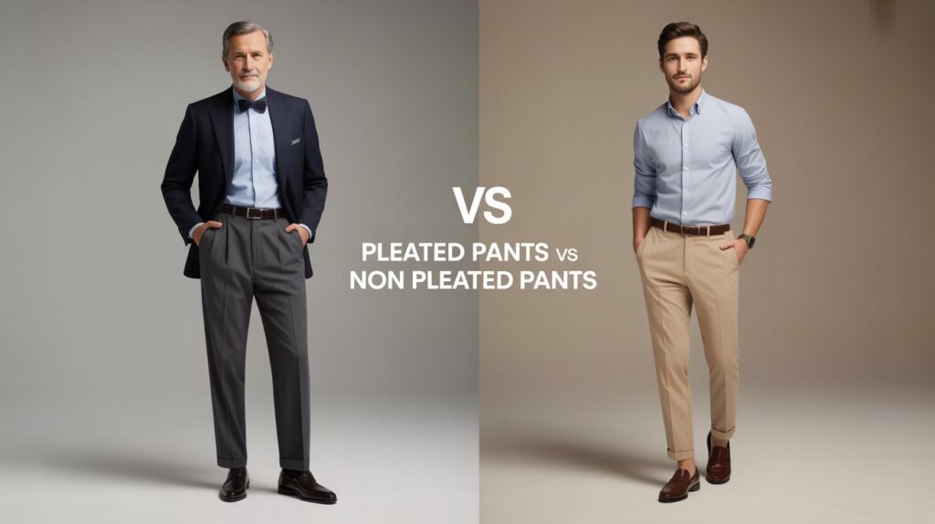Side-by-side comparison of pleated vs non pleated pants, showing differences in fit, style, and modern US fashion trends.