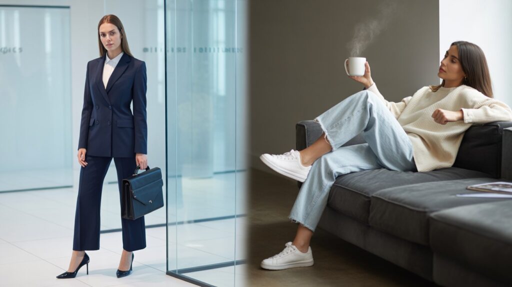 Slacks vs pants for women comparison showing tailored slacks in a business setting and casual pants styled with a sweater for comfort.