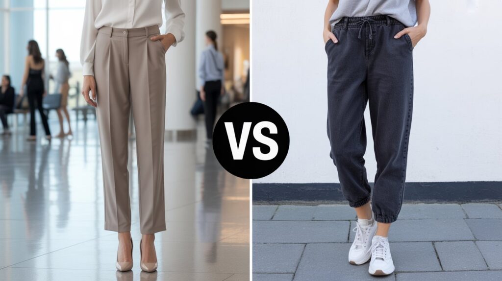 A side-by-side comparison showing slacks vs pants women, with tailored beige slacks on one side and casual drawstring pants on the other.