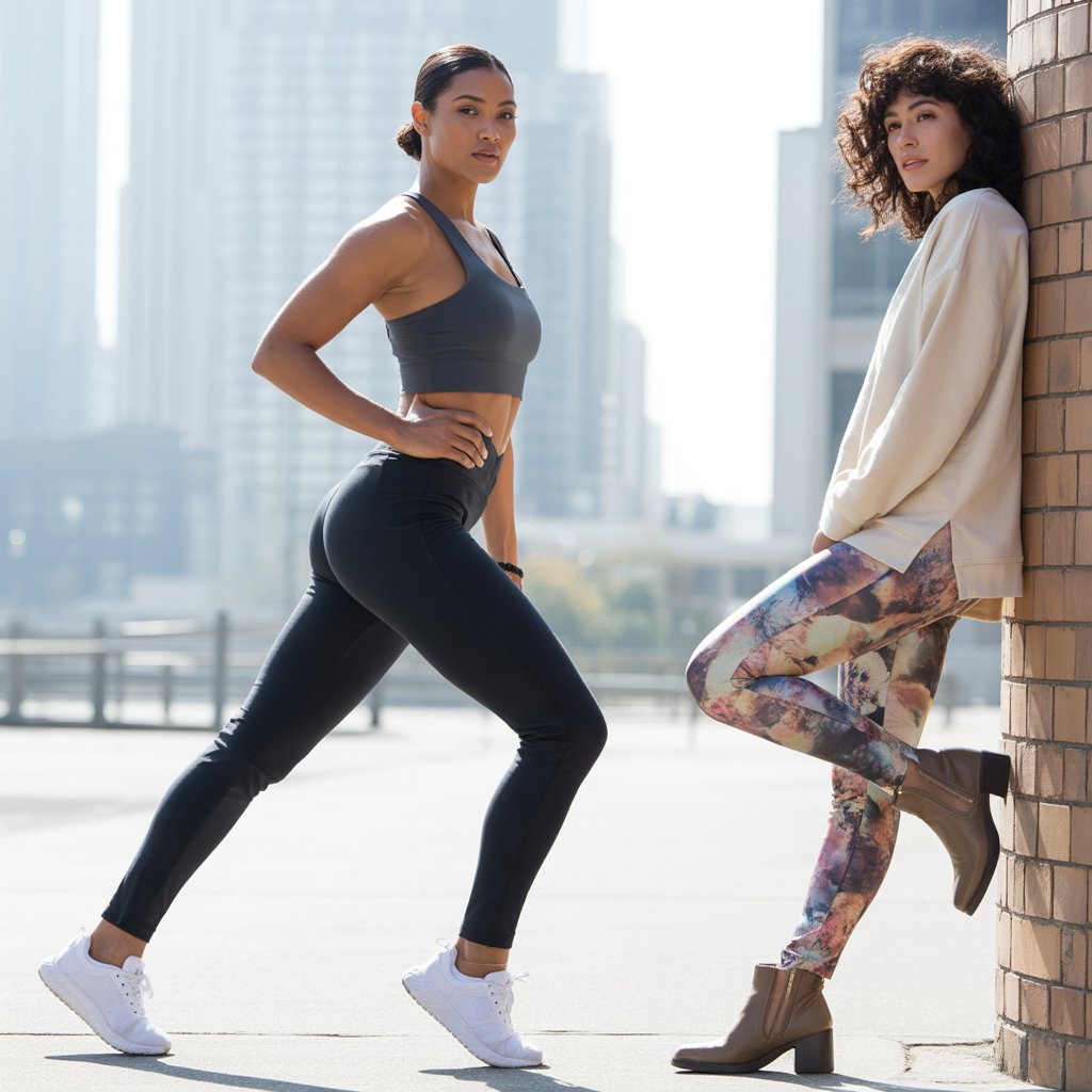 Yoga pants vs leggings side-by-side comparison showing activewear performance style and casual fashion appeal.