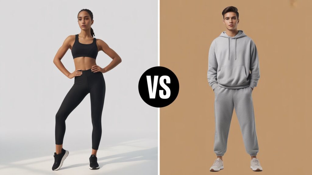 Full-body side-by-side comparison of yoga pants vs sweatpants, featuring a woman in black yoga pants and a man in grey sweatpants with “VS” in the middle.