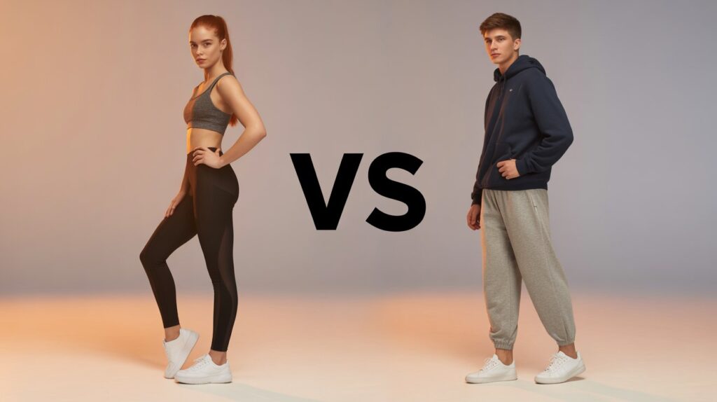 Side-by-side full-body comparison of yoga pants vs sweatpants, featuring a woman in yoga pants and a man in sweatpants with “VS” in the center.