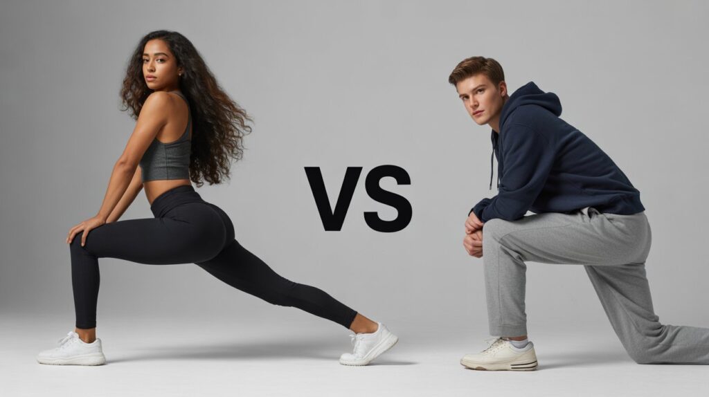 Full-body side-by-side comparison of yoga pants vs sweatpants, featuring a woman in yoga pants stretching and a man in sweatpants kneeling with “VS” in the middle.