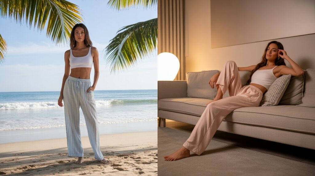 A side-by-side photo showing beach pants vs lounge pants, featuring a woman wearing striped beach pants by the ocean and the same woman relaxing indoors in soft lounge pants.