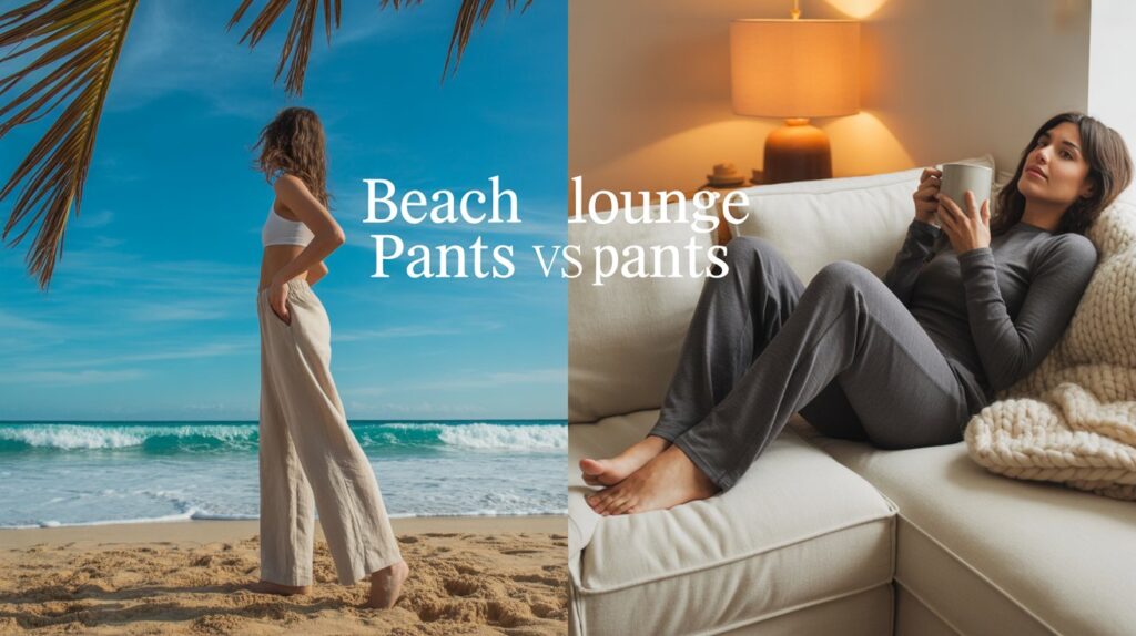 A split-screen image comparing beach pants vs lounge pants, showing a woman in beach pants standing by the ocean and another relaxing indoors in cozy lounge pants.