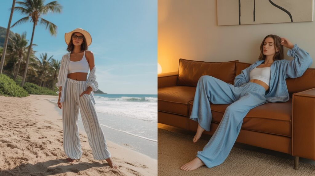 A side-by-side comparison showing the difference between beach pants vs lounge pants — one woman standing on the beach in striped beach pants, and another relaxing indoors in soft blue lounge pants.