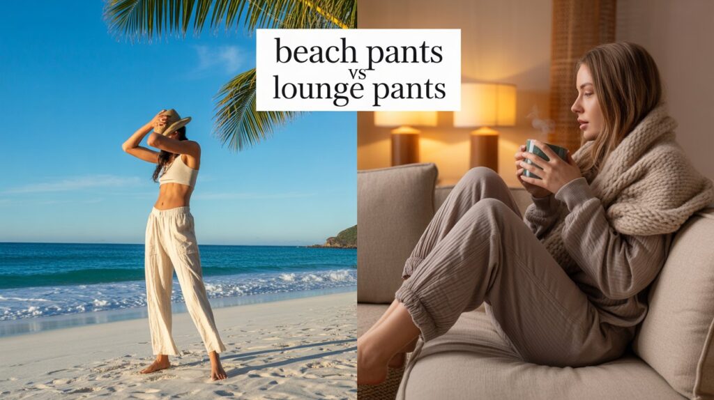 A stylish comparison of beach pants vs lounge pants showing a woman in airy beach pants on a tropical beach beside another woman relaxing indoors in cozy lounge pants.