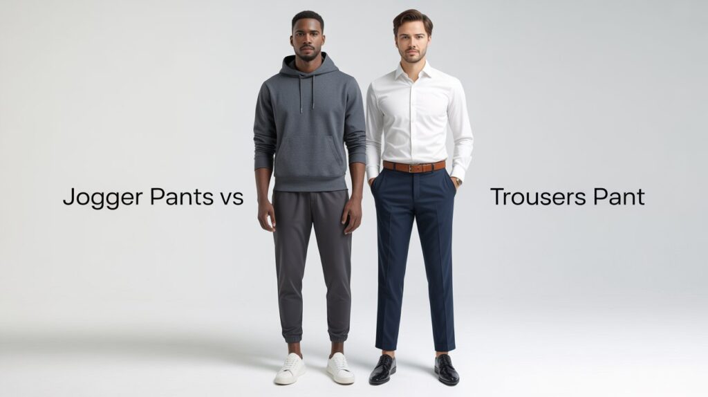 Stylish side-by-side fashion comparison showing jogger pants vs trousers pant, highlighting the difference between casual and formal men’s styles.
