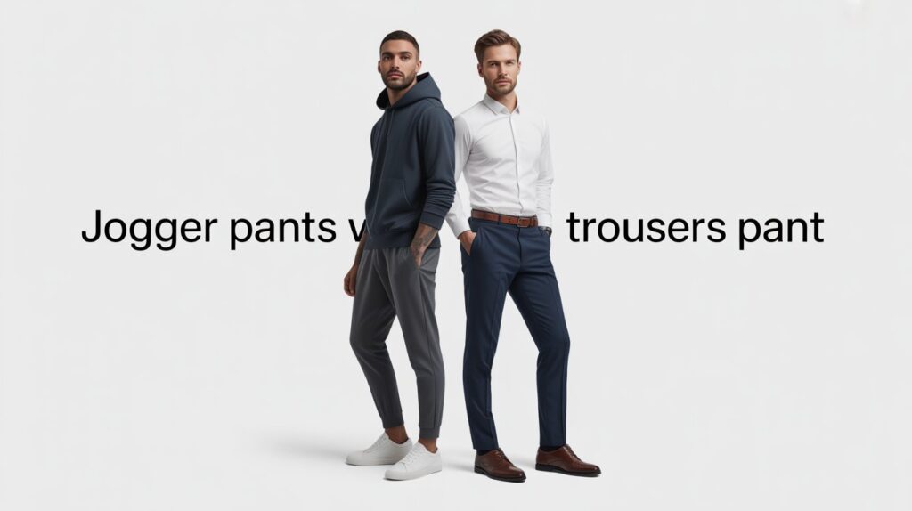 Modern side-by-side fashion image showing jogger pants vs trousers pant, contrasting casual and formal men's styles on a clean background.