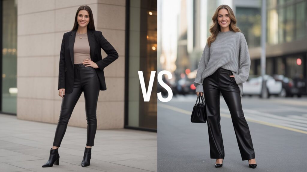Two women showcasing leather pants vs faux leather pants in stylish street outfits—one wearing a tailored blazer and the other in a cozy grey sweater, both demonstrating elegant and versatile fashion choices.