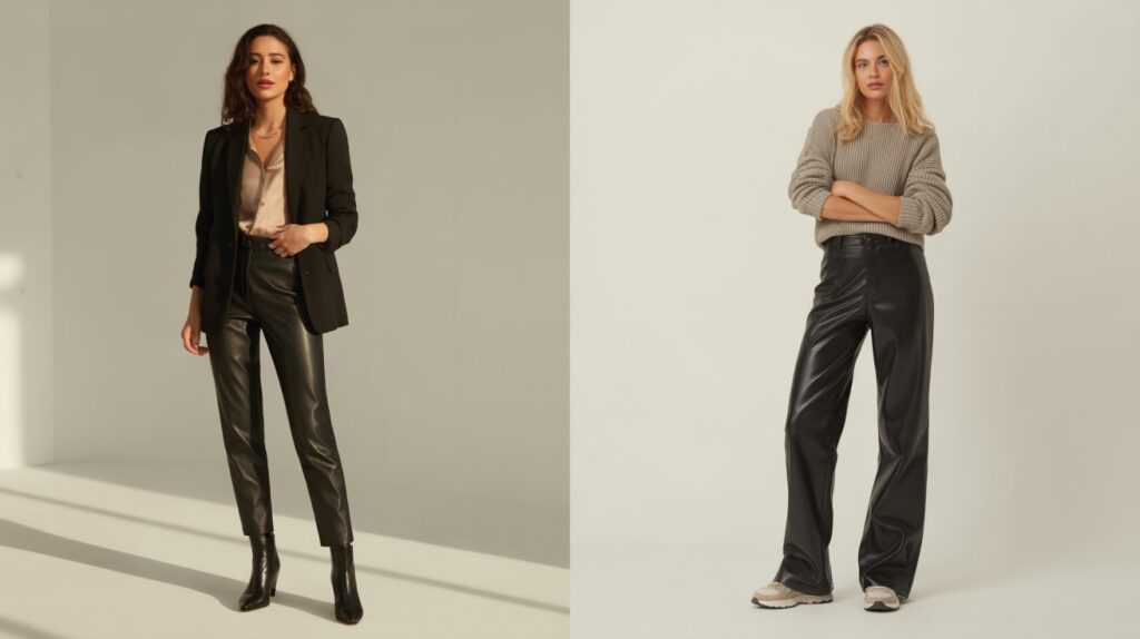 Side-by-side comparison of leather pants vs faux leather pants, showing one outfit styled with a blazer and boots and another with a sweater and sneakers.