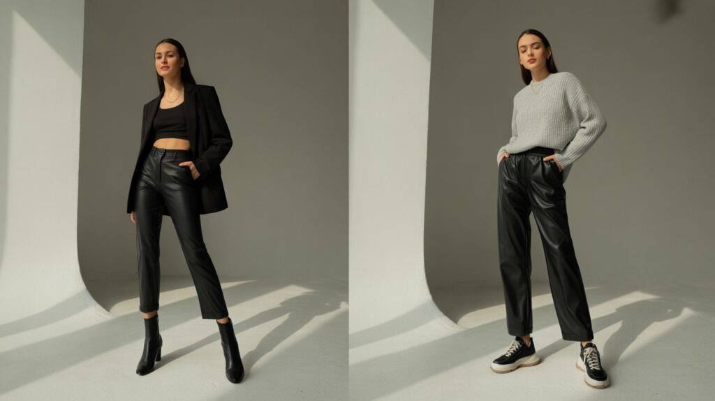 Two women modeling leather pants vs faux leather pants outfits indoors—one in a black blazer and heels, the other in a cozy grey sweater and sneakers, showing the balance between edgy and relaxed fashion styles.