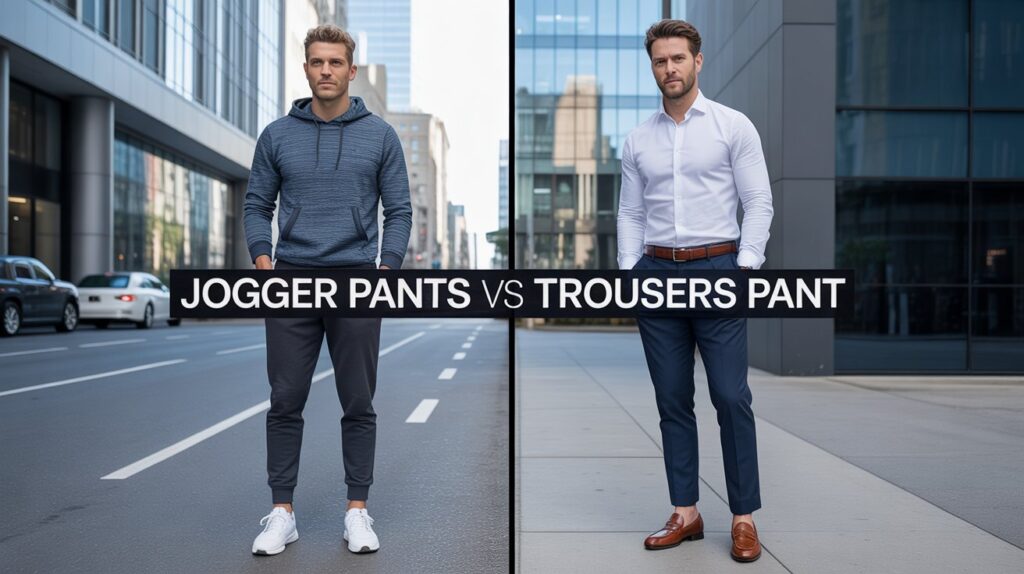 Stylish comparison image showing jogger pants vs trousers pant, featuring two men dressed in casual and formal outfits side by side on a city street.