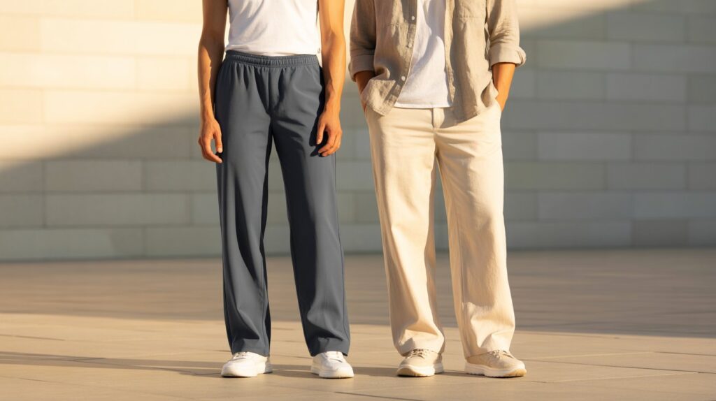 Two people standing side by side wearing polyester pants and cotton pants, illustrating the difference in texture, color, and fit — polyester pants vs cotton pants.