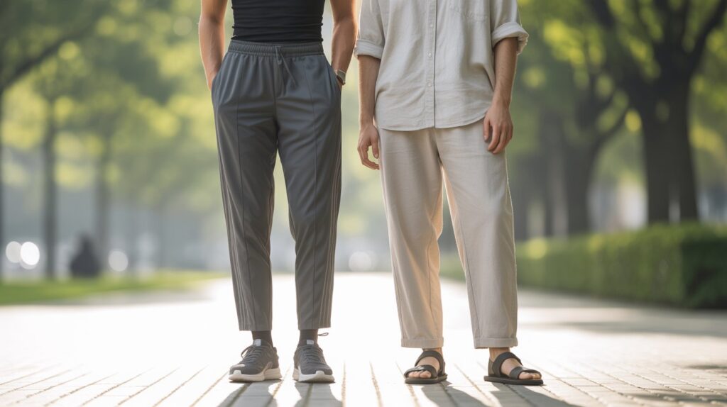Two people standing outdoors wearing polyester pants vs cotton pants, showing differences in fabric texture, fit, and casual style.