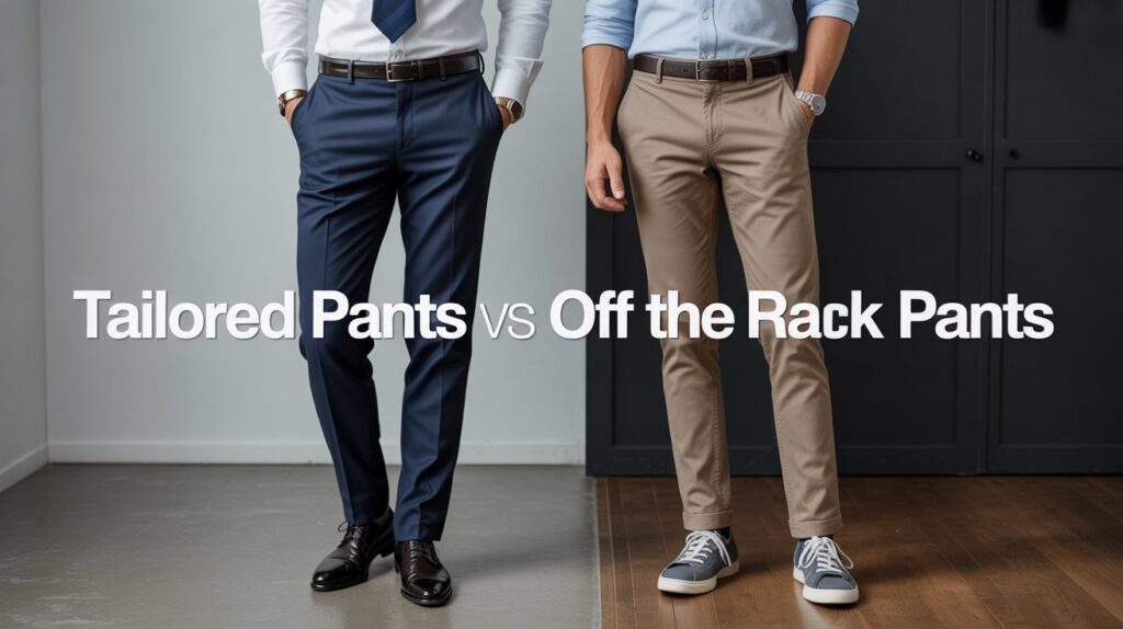 Full-body comparison of two men wearing tailored pants vs off the rack pants, showing the difference in fit, tailoring, and style.