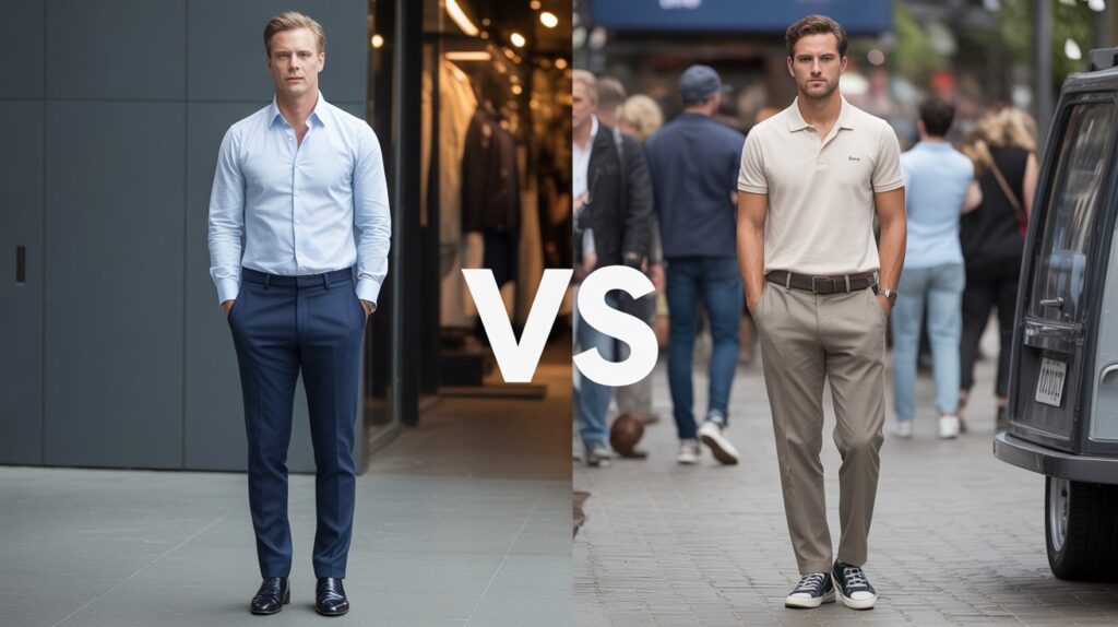 Full-body comparison of men wearing tailored pants vs off the rack pants, showing differences in fit, fashion, and style in a modern setting.