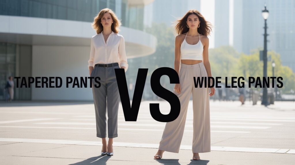 Two women modeling different styles of pants — one in tapered pants and the other in wide leg pants — for a modern fashion comparison showcasing the difference between tapered pants vs wide leg pants.