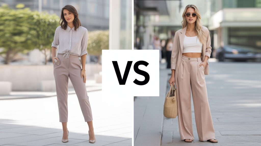 Two stylish women modeling tapered pants and wide leg pants in a chic city setting, showcasing the difference between tapered pants vs wide leg pants for a modern and versatile look.