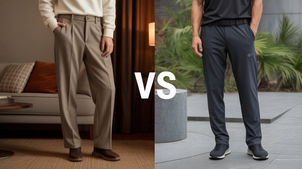 Side-by-side image comparing wool pants vs synthetic pants, illustrating the difference in texture, fit, and styling between dress and athletic designs.