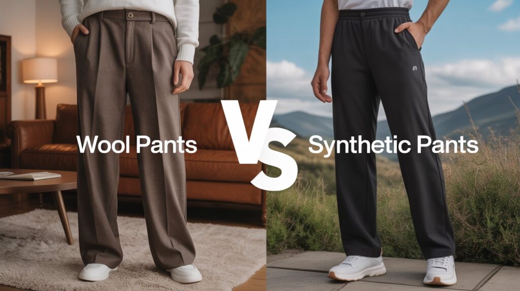 A detailed side-by-side image showing wool pants vs synthetic pants, comparing their texture, fit, and style in different settings.