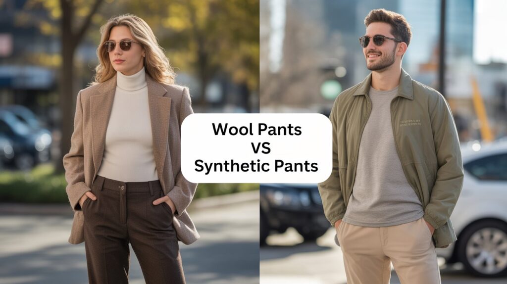Street-style image comparing wool pants vs synthetic pants, featuring a woman in tailored wool trousers and a man in casual synthetic pants to show the difference in fabric, style, and comfort.