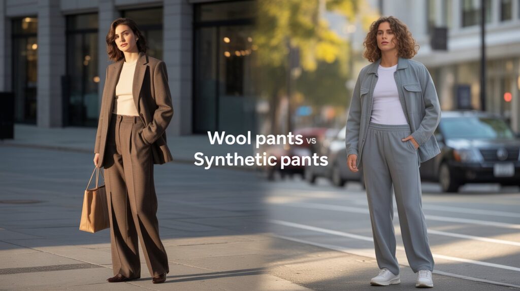 A stylish side-by-side image showing wool pants vs synthetic pants, comparing elegance, comfort, and versatility in modern U.S. streetwear fashion.