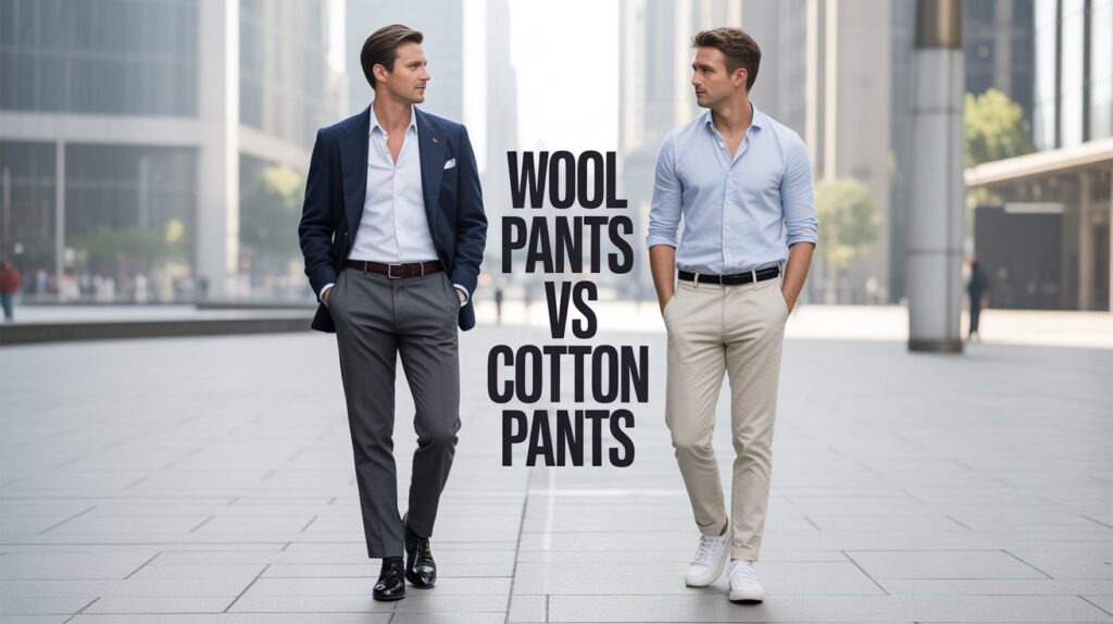 Two men standing side by side wearing wool vs cotton pants, showing the difference between formal wool trousers and casual cotton chinos in a modern city setting.