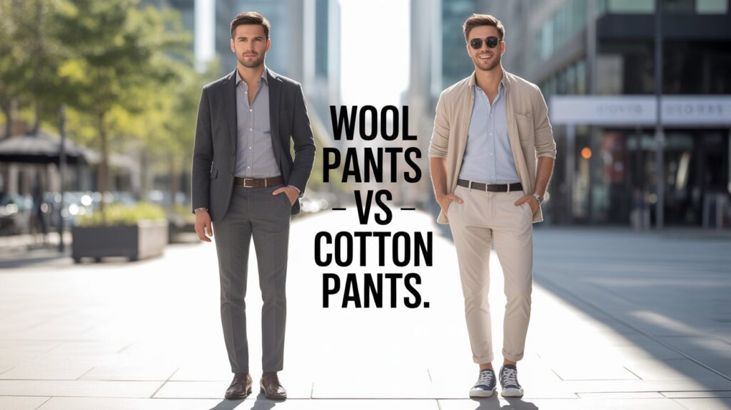 Two men wearing wool vs cotton pants standing outdoors, comparing formal wool trousers with casual cotton pants in a stylish city setting.