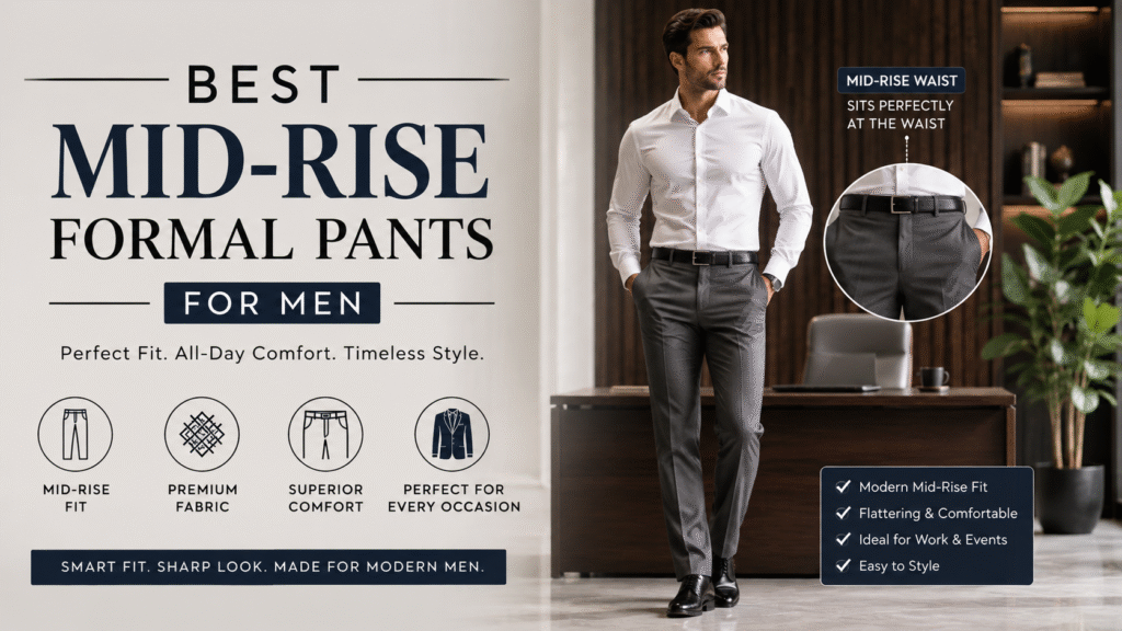 Man wearing the best mid-rise formal pants for men with a white shirt for a polished professional look.