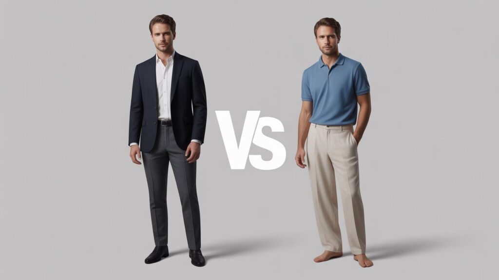 Men’s outfit comparison showing wool pants vs linen pants, with formal wool trousers on one side and breathable linen pants for casual summer wear on the other