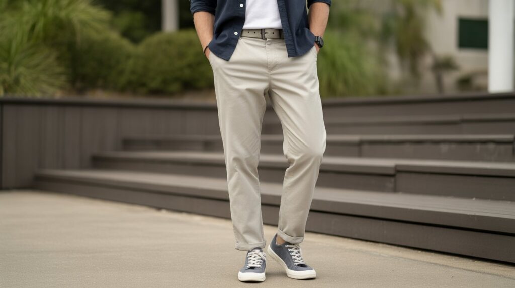 Man wearing best lightweight cotton pants for men styled casually with sneakers for a comfortable everyday look