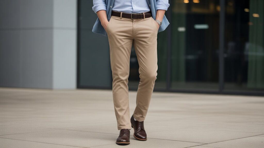 Man walking outdoors wearing beige chinos and leather shoes, showcasing the best soft wash chinos for men in a modern casual outfit