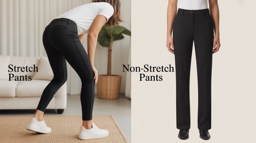 Side-by-side view of the best stretch pants vs non-stretch pants, comparing flexibility, comfort, and structured fit.