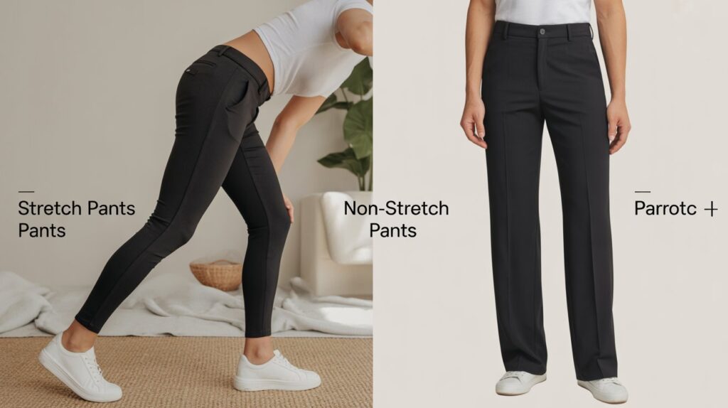 Best stretch pants vs non-stretch pants comparison showing flexibility, fit, and comfort differences for men
