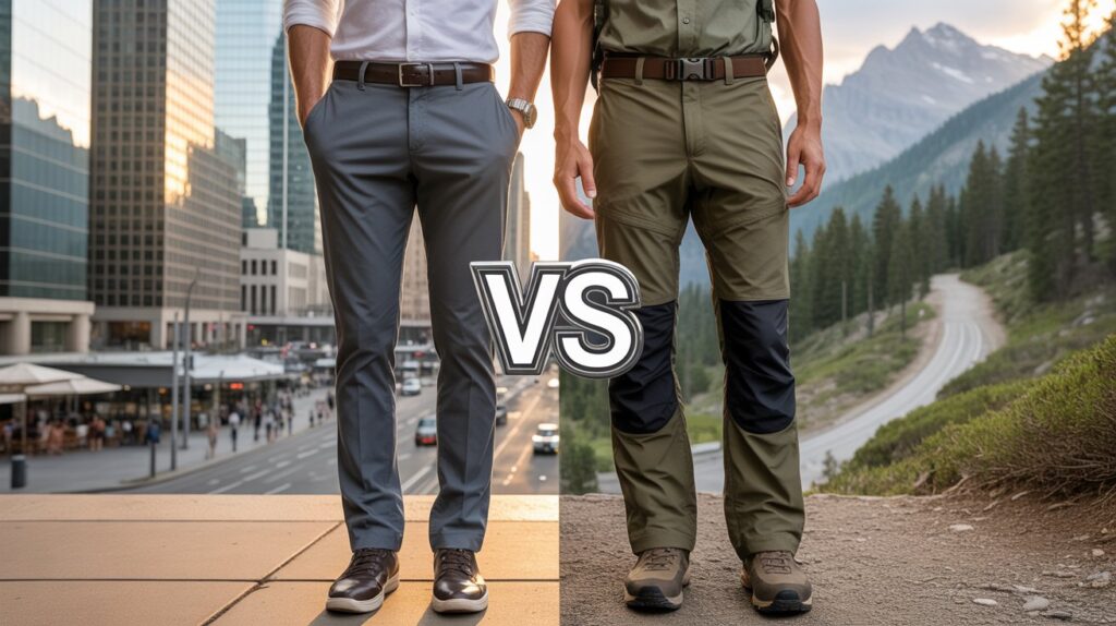 Side-by-side comparison of the best travel pants vs hiking pants for men, showing comfortable city travel trousers and durable hiking pants built for outdoor trails