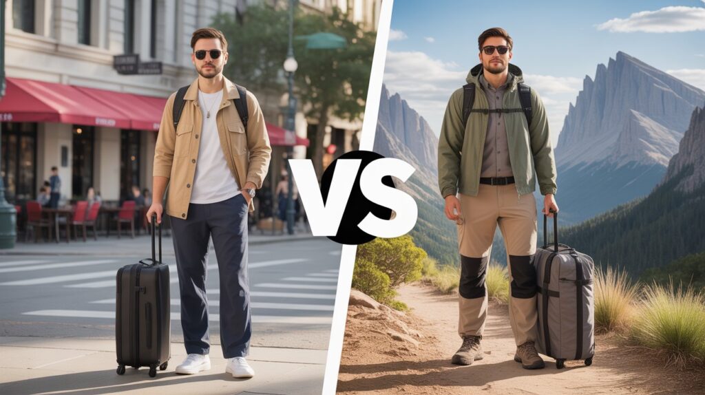 Side-by-side view of the best travel pants vs hiking pants for men, showing stylish city travel trousers and durable hiking pants designed for outdoor terrain