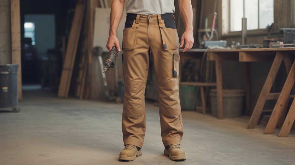 Man wearing best work pants for men featuring durable fabric, reinforced knees, and utility pockets in a workshop environment