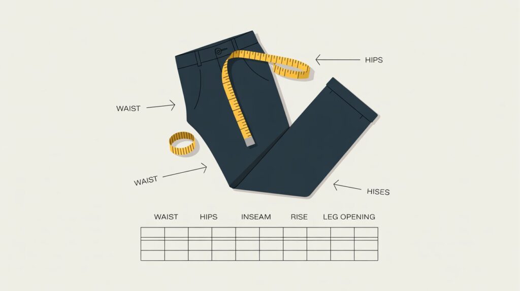 Diagram showing how to measure pants size using a tape measure, highlighting waist, hips, inseam, rise, leg opening, and a measurement chart.