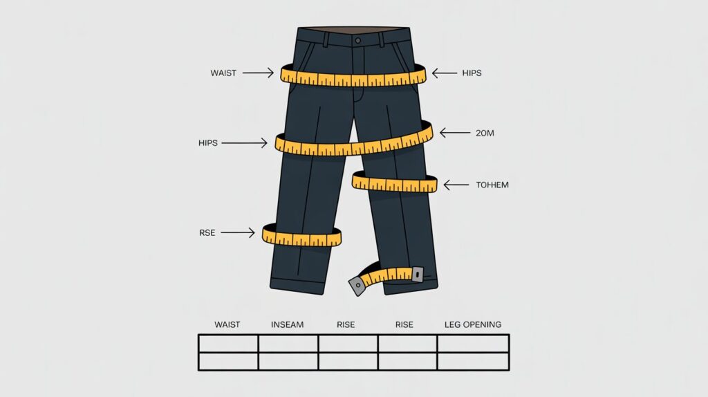Step by step illustration showing how to measure pants size with waist, hips, rise, inseam, and leg opening marked clearly