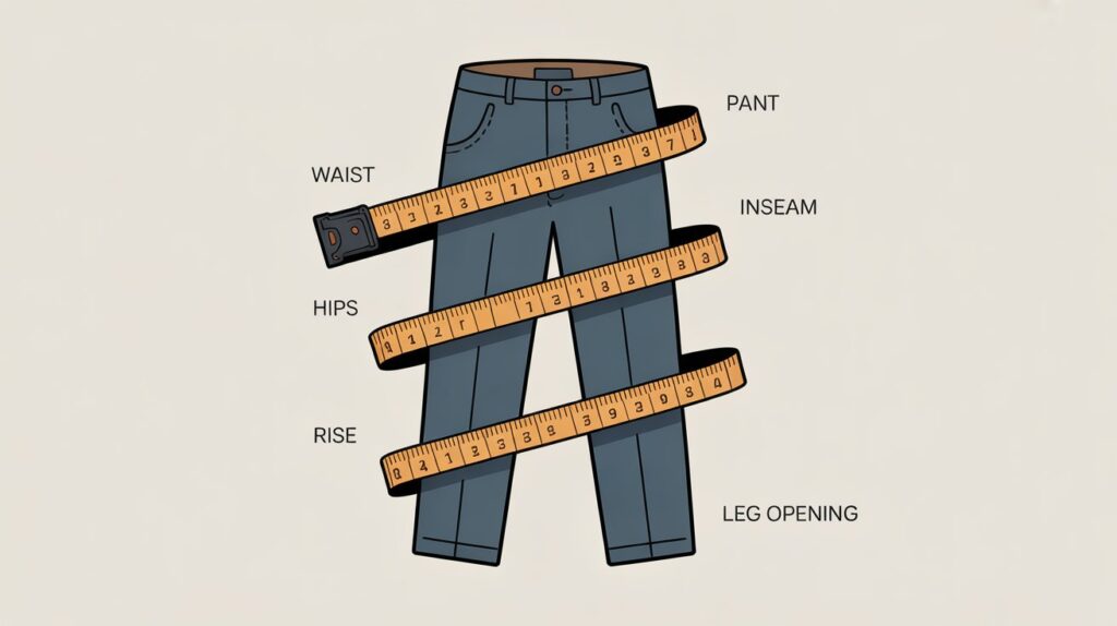 Illustration showing how to measure pants size using a tape measure, highlighting waist, hips, inseam, rise, and leg opening measurements.