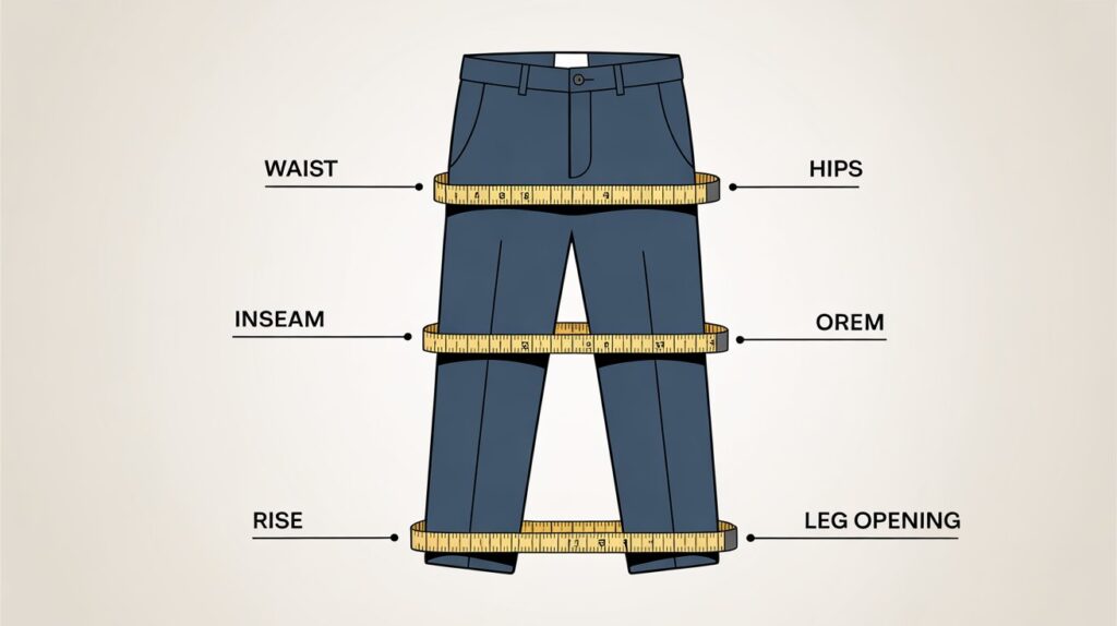 Educational illustration explaining how to measure pants size with waist, hips, rise, inseam, and leg opening marked clearly