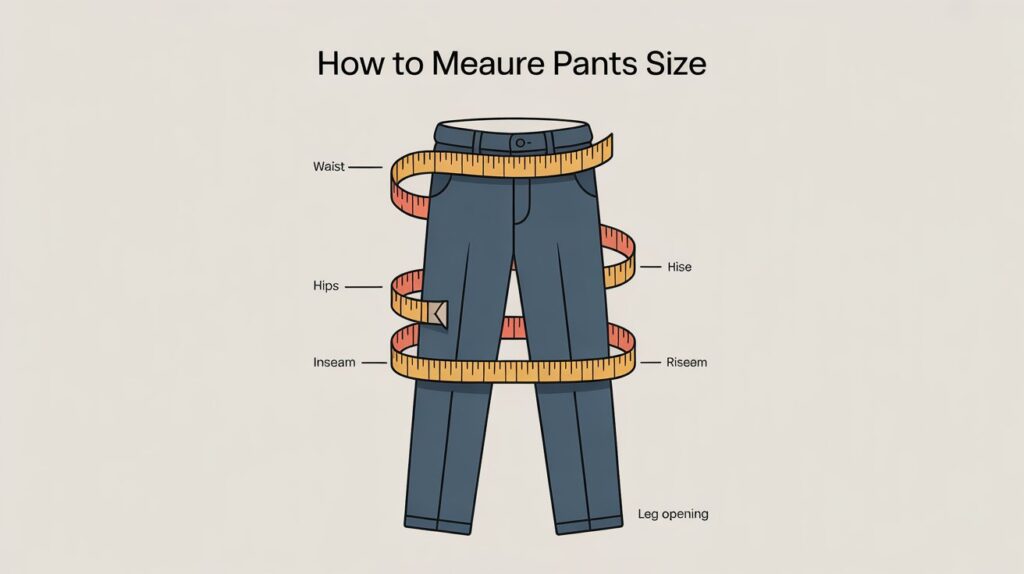 Infographic explaining how to measure pants size using a tape measure, showing waist, hips, inseam, rise, and leg opening measurements.