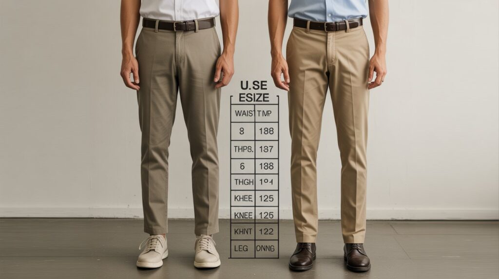 Front view comparison of tapered pants vs straight leg pants size chart showing US fit differences in leg shape and measurements.
