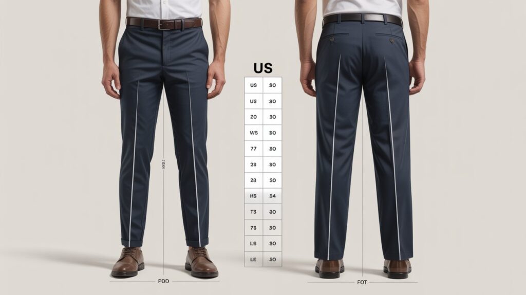 Side by side visual of tapered pants vs straight leg pants size chart for men showing front and back fit differences